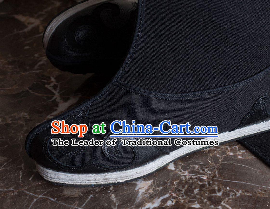 Ancient Chinese Handmade Auspicious Cloud Long Black Shoes for Men