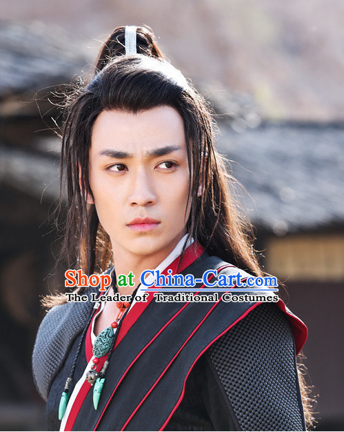 Ancient Chinese Fashion Kung Fu Master Knight Black Long Wigs and Hair Accessory for Men or Boys