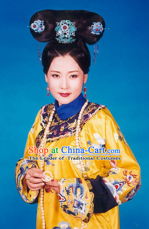 Qing Dynasty Imperial Palace Traditional Chinese Empress Style Black Long Wig Wigs and Hair Accessories for Women Girls