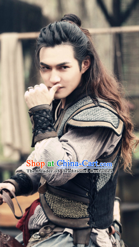 Ancient Chinese Traditional Style Long Black Curly Wigs for Handsome Men
