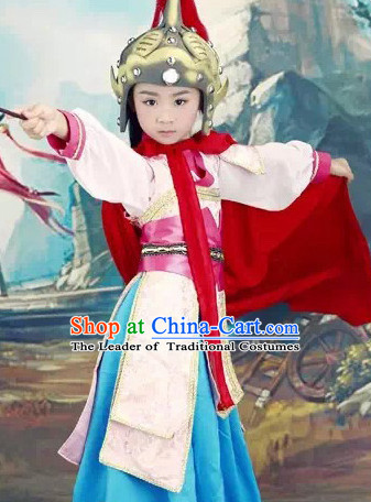 Chinese Classical Hua Mulan Costumes and Headdress Complete Set for Kids