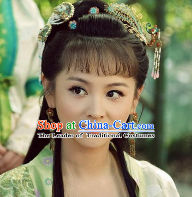 Ancient Chinese Style Lady Black Long Wigs and Headwear Set