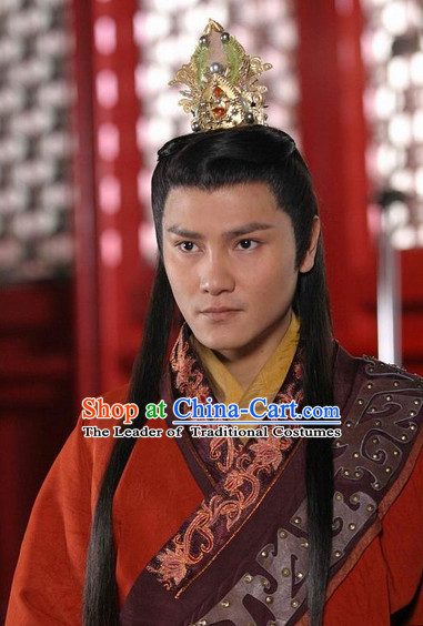 Traditional Chinese Style Prince Long Black Wig and Handmade Coronet for Men