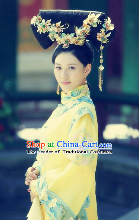 Traditional Chinese Qing Dynasty Imperial Palace Princess Black Wigs and Hair Accessories Complete Set