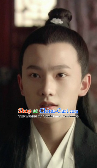 Traditional Ancient Chinese Style Black Full Wig and Headband Set for Men Teenagers Boys