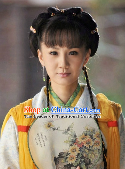 Traditional Ancient Chinese Style Lady Female Black Full Wigs and Headpieces Hair Jewelry Set for Women and Girls