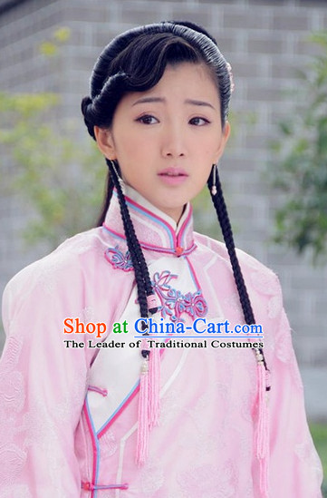 Traditional Ancient Chinese Style Lady Female Black Full Wigs and Headpieces Hair Jewelry Set for Women and Girls