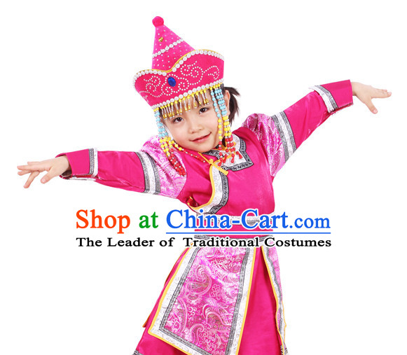 Chinese Traditional Ethnic Mongolian Clothes and Hat Complete Set for Girls