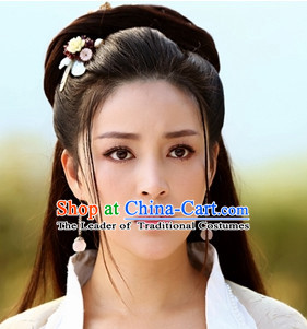 Chinese Traditional Black Female Long Wig and Hair Sticks Hair Ornaments Chopsticks Gold Hair Pins Hairsticks Oriental Asian Head Jewellery Hair Clips Hair pIeces Hair Style