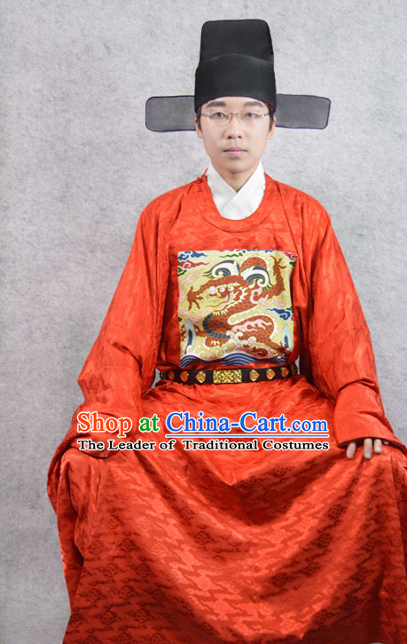 Red Chinese Official Costumes and Hat Complete Set for Men