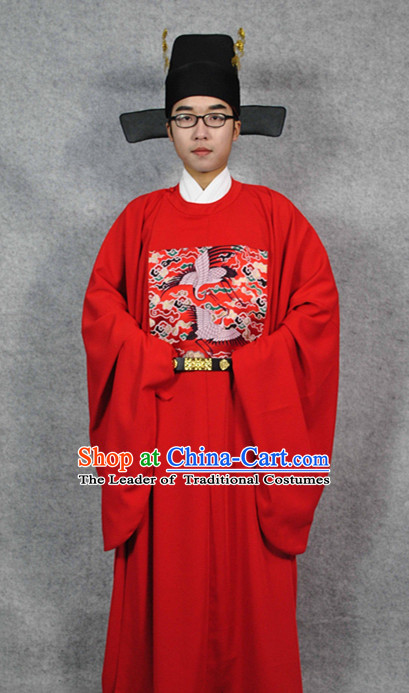 Red Chinese Official Costumes and Hat Complete Set for Men