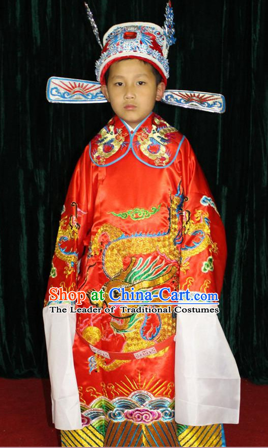 Chinese Opera Official Dragon Robe Costumes and Hat Complete Set for Children Boys