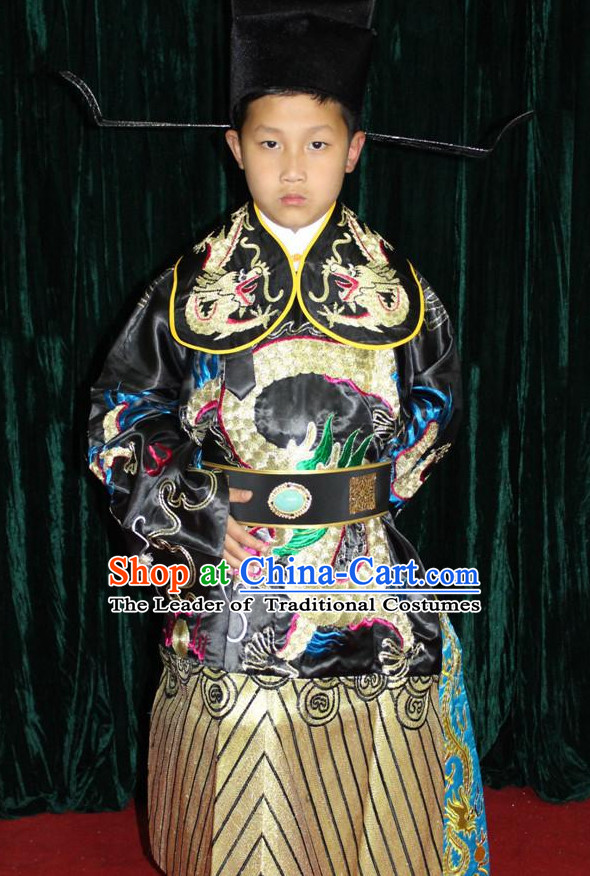Chinese Opera Bao Gong Judge Official Dragon Embroidery Costume and Hat Complete Set for Children Boys