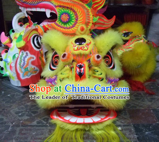 Top Yellow Chinese Classic 100_ Natural Long Wool Fut San Style Lion Dance Costumes Complete Set
