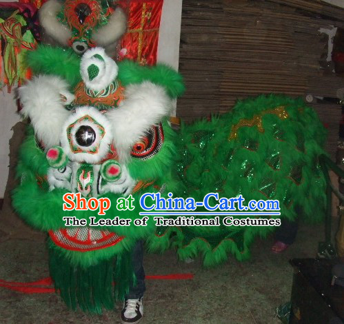 Top Green White Eyebrow Chinese Traditional 100_ Natural Long Futsan Style Lion Dance Costumes Complete Set
