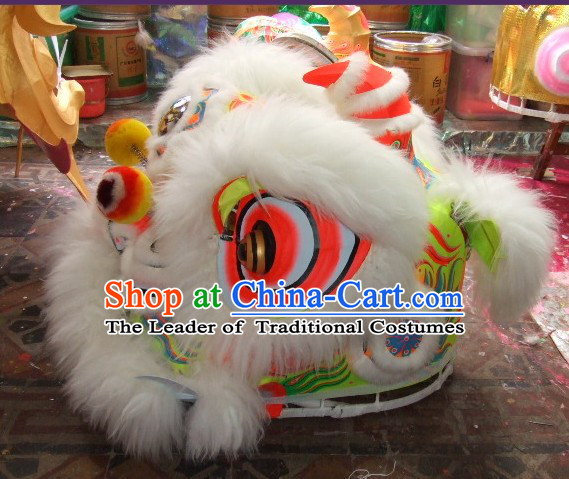 Top White 100_ Natural Long Wool Chinese Traditional Futsan Style Lion Dancing Uniform Complete Set