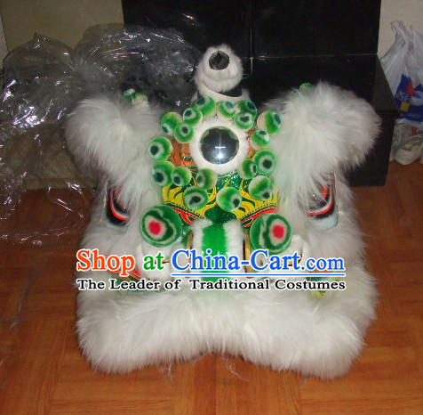 Top White More Balls 100_ Natural Long Wool Chinese Traditional Futsan Style Lion Dancing Uniforms Complete Set
