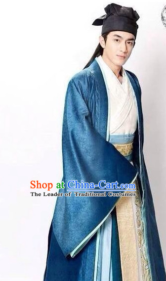 Ancient Chinese Male Hanfu Clothing Garments and Hat Complete Set for Men
