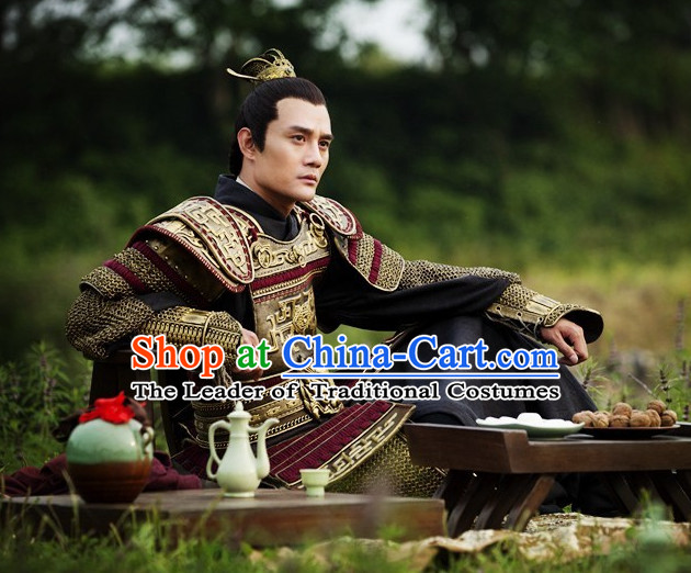 Chinese Ancient General Armor Costume and Hair Accessories Complete Set for Men