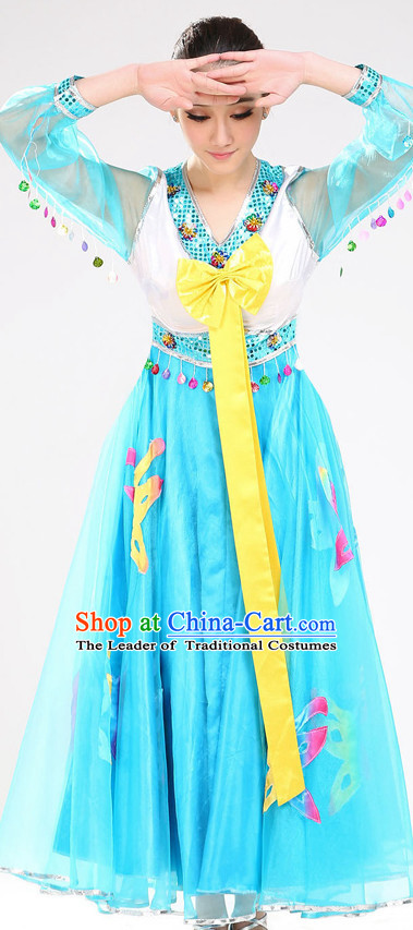 Chinese Traditional Stage Fan Dance Dancewear Costumes Dancer Costumes Dance Costumes Clothes and Headdress Complete Set for Women Children