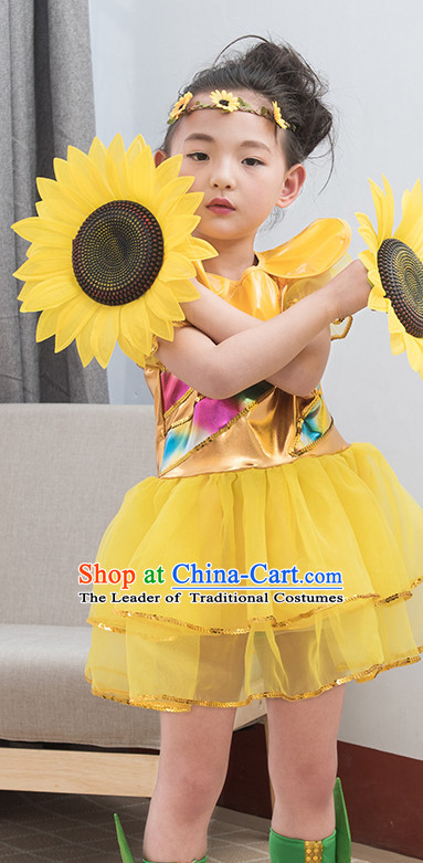 Chinese Traditional Stage Sunflower Dance Dancewear Costumes Dancer Costumes Dance Costumes Clothes and Headdress Complete Set for Children