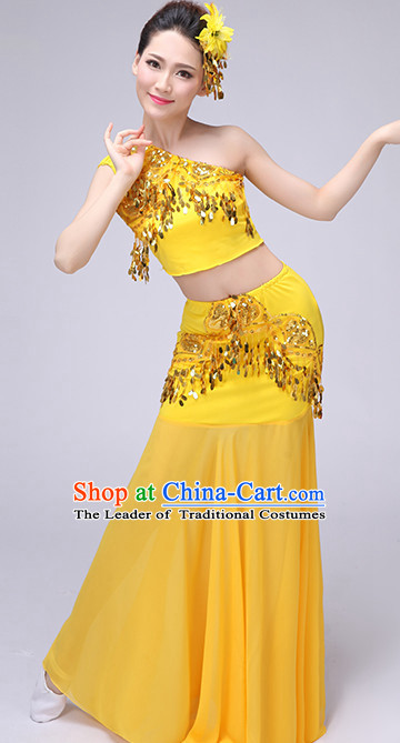 Yellow Chinese Traditional Stage Dai Minority Ethnic Dance Dancewear Costumes Dancer Costumes Dance Costumes Clothes and Headdress Complete Set for Women