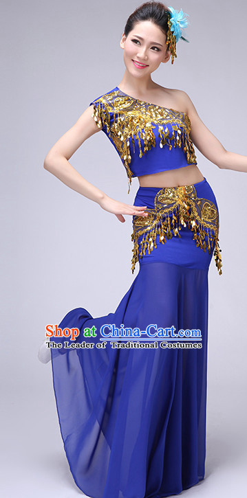Blue Chinese Traditional Stage Dai Minority Ethnic Dance Dancewear Costumes Dancer Costumes Dance Costumes Clothes and Headdress Complete Set for Women