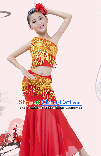 Red Chinese Traditional Stage Dai Minority Ethnic Peacock Dance Dancewear Costumes Dancer Costumes Dance Costumes Clothes and Headdress Complete Set for Girls Kids