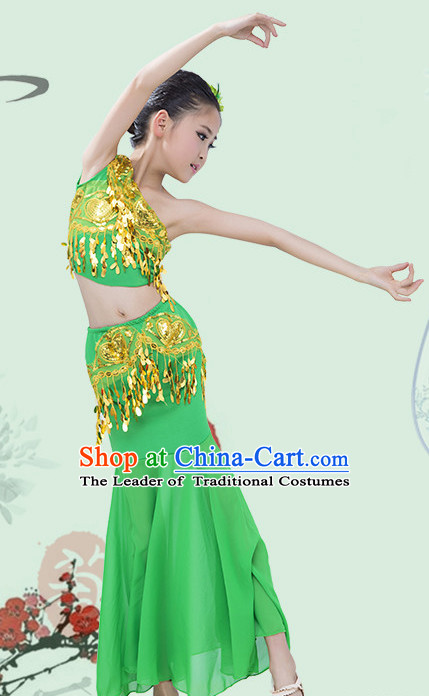 Green Chinese Traditional Stage Dai Minority Ethnic Peacock Dance Dancewear Costumes Dancer Costumes Dance Costumes Clothes and Headdress Complete Set for Girls Kids