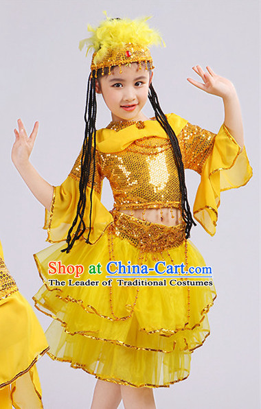 Yellow Chinese Traditional Stage Xinjiang Minority Ethnic Dance Dancewear Costumes Dancer Costumes Dance Costumes Clothes and Headdress Complete Set for Girls Kids