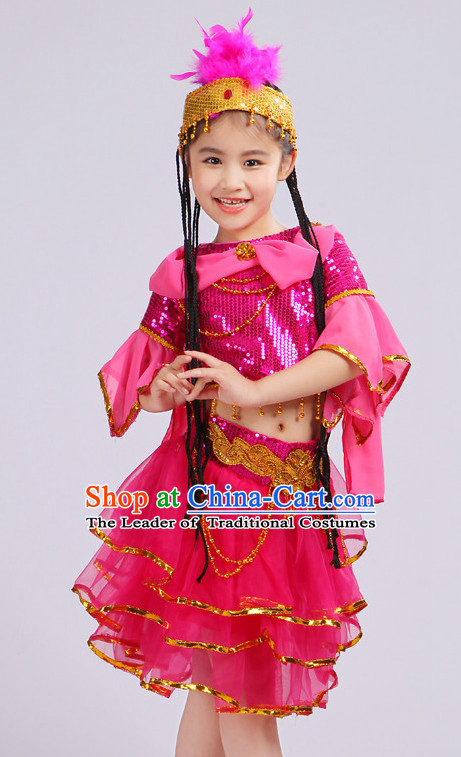 Chinese Traditional Stage Xinjiang Minority Ethnic Dance Dancewear Costumes Dancer Costumes Dance Costumes Clothes and Headdress Complete Set for Girls Kids
