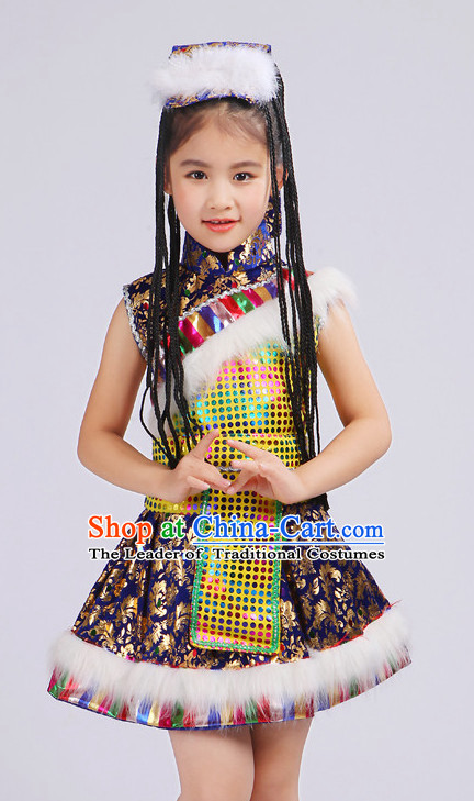 Chinese Traditional Stage Tibetan Minority Ethnic Dance Dancewear Costumes Dancer Costumes Dance Costumes Clothes and Headdress Complete Set for Girls Kids