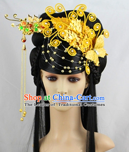 Chinese Classical Princess Gold Headwear Headdress and Long Wigs