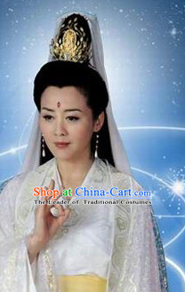 Chinese Ancient Classical Guanyin Hair Jewelry Headwear Headdress and Long Wigs