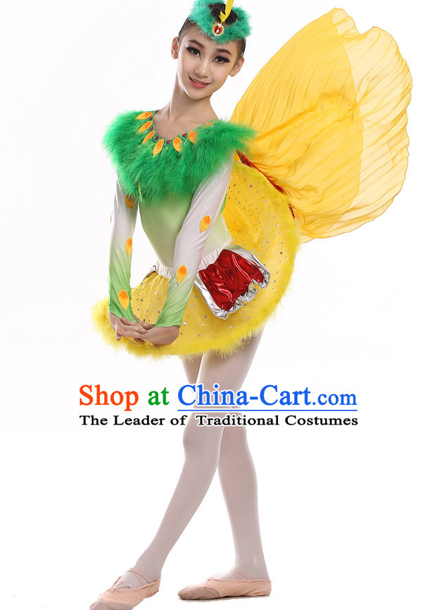 Chinese Traditional Bird Dance Costumes and Hat Complete Set for Kids