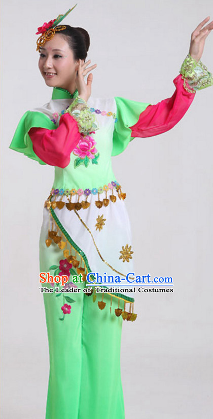 Chinese Folk Dance Costumes Traditional Chinese Fan Dancing Costume Ribbon Dancewear and Headwear Complete Set for Women Girls or Kids