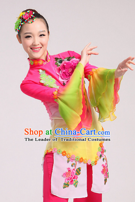 Chinese Folk dancing Costumes Traditional Chinese Fan Dancing Costume Ribbon dancingwear and Headwear