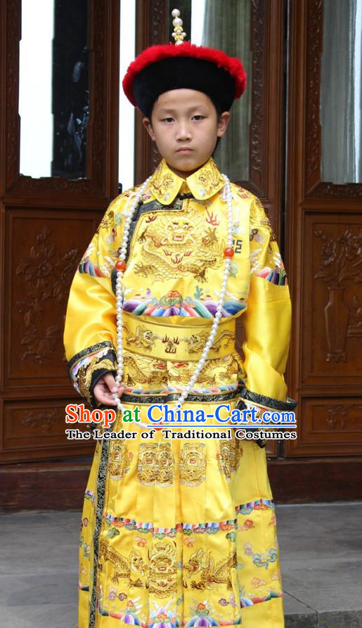 Qing Dynasty Chinese Emperor Embroidered Dragon Robe Hanfu Dresses Garment and Crown Complete Set for Men and Boys