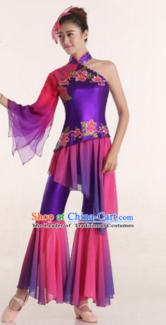 One Shoulder Chinese Festival Celebration Fan Dance Costumes and Headdress Complete Set for Women