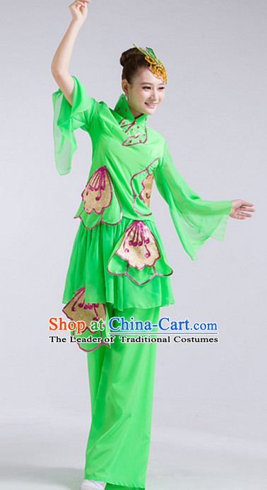 Green Chinese Folk Fan Dance Costumes and Headdress Complete Set for Women