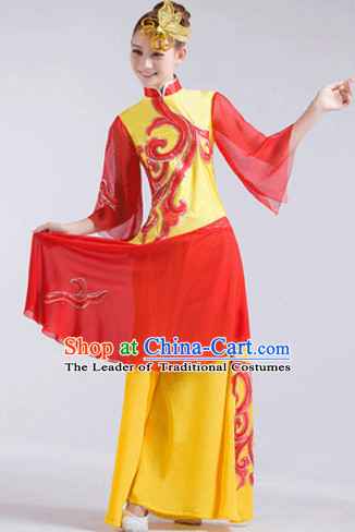 Yellow Chinese Folk Fan Dancewear and Headdress Complete Set for Women