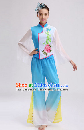 Blue Chinese Folk Fan Dancing Costume and Headdress Complete Set for Women