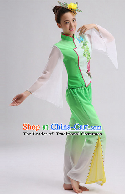 Green Chinese Folk Fan Dancing Costumes and Headdress Complete Set for Women