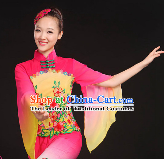 Chinese Folk dancing Costumes Traditional Chinese Fan Dancing Costume Ribbon dancingwear and Headwear