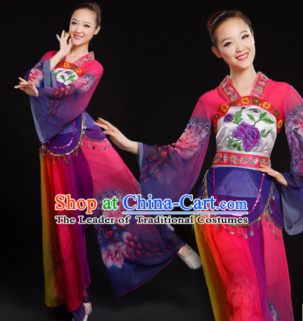 Chinese Folk dancing Costumes Traditional Chinese Fan Dancing Costume Ribbon dancingwear and Headwear