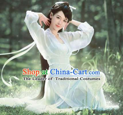 Chinese Ancient Beauty White Costumes and Headdress Complete Set for Women or Girls