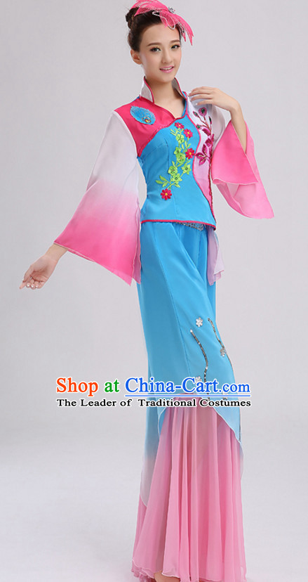 Blue Chinese Folk Fan Dancing Costumes and Headdress Complete Set for Women