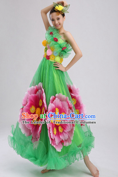Green Chinese Folk Peony Flower Dance Costumes and Headdress Complete Set for Women