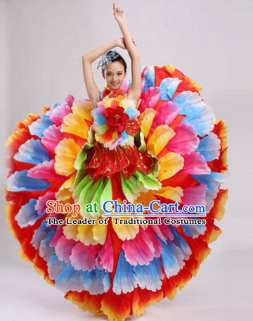 Chinese Stage Performance Colorful Flower Dance Costumes and Headdress Complete Set for Women