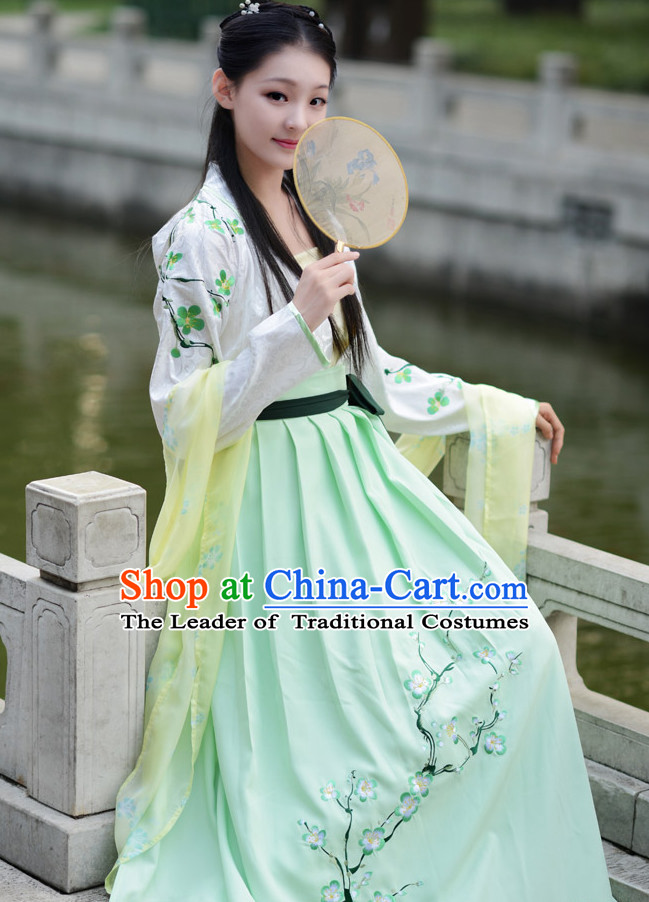 White Green Chinese Han Dynasty Clothing and Headdress Complete Set for Women